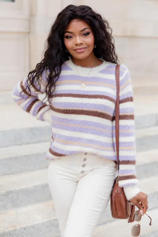 Trying Everything Purple And Brown Fuzzy Striped Sweater FINAL SALE sold by Pink Lily