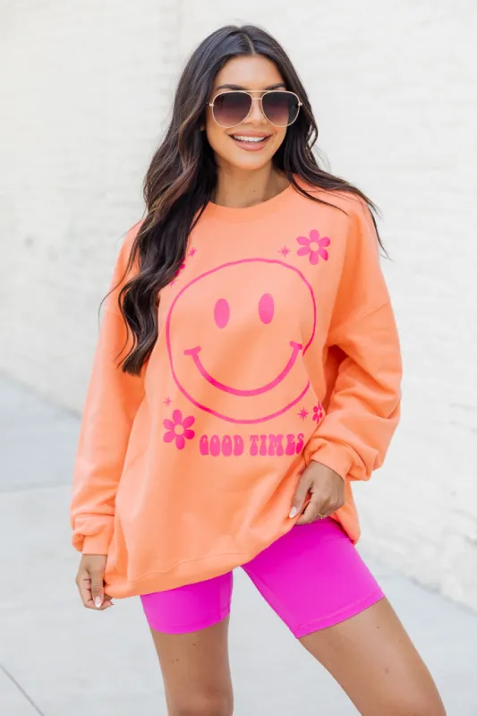 Good Times Smiley Coral Oversized Graphic Sweatshirt FINAL SALE sold by Pink Lily