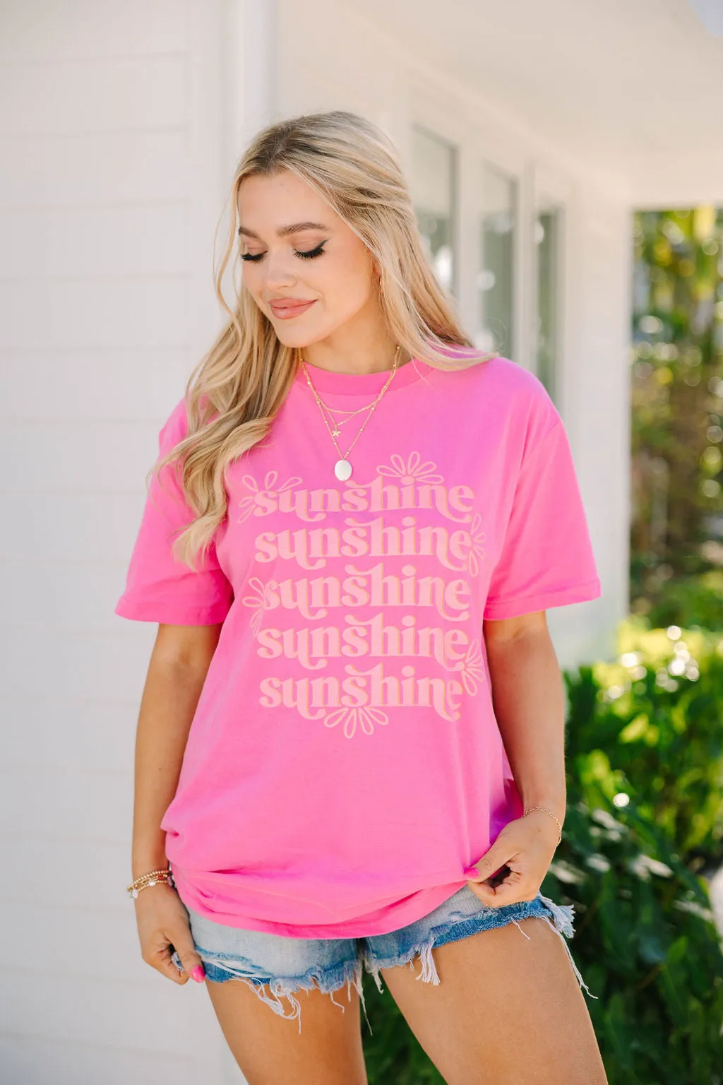 Sunshine Repeat Hot Pink Oversized Graphic Tee sold by Pink Lily