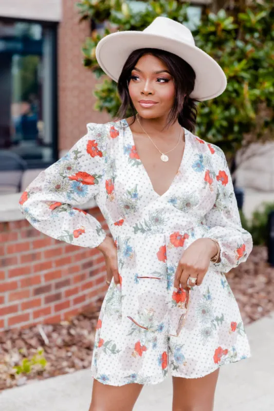 Keeps Getting Better White Floral V-Neck Long Sleeve Romper FINAL SALE sold by Pink Lily