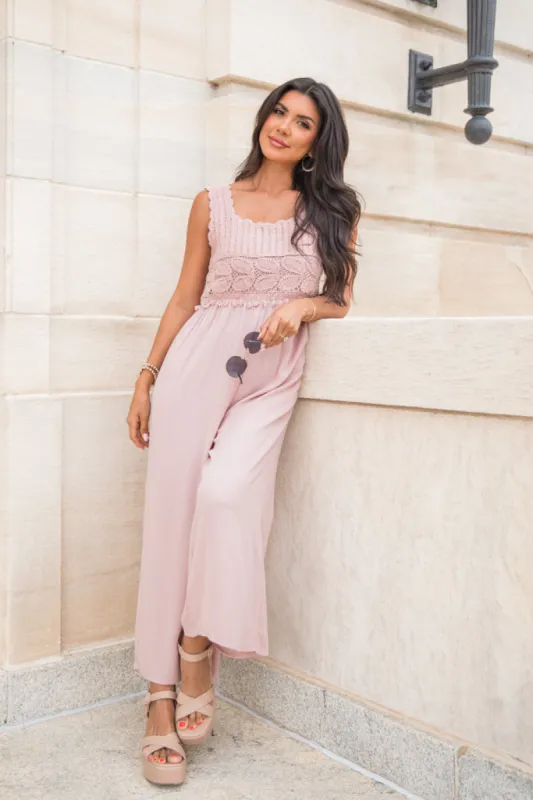 Keep The Peace Nude Crochet Top Jumpsuit FINAL SALE sold by Pink Lily