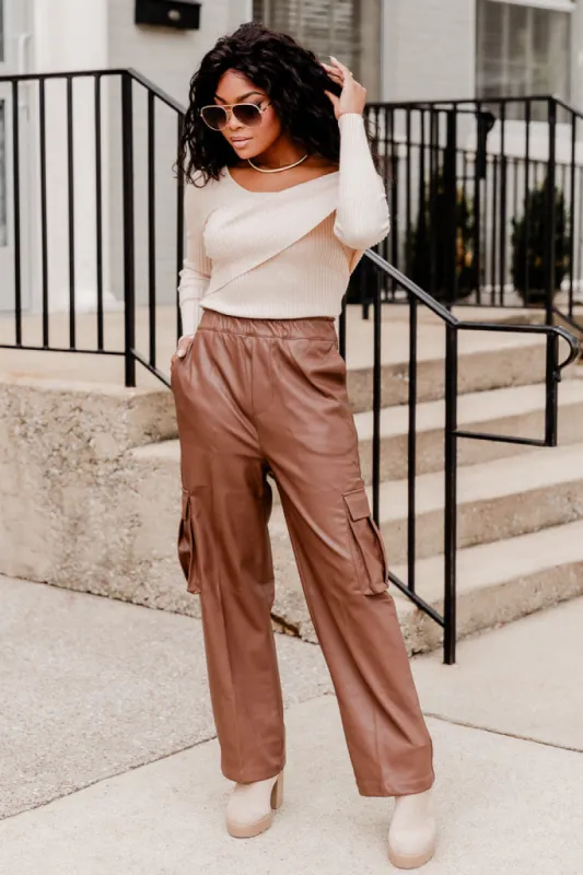 A Little While Longer  Chocolate Faux Leather Cargo Pants FINAL SALE sold by Pink Lily