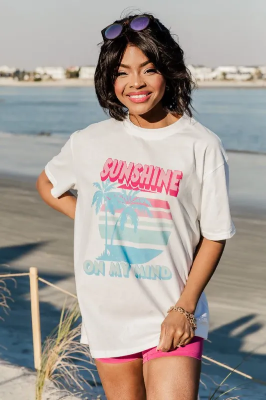 Sunshine On My Mind White Oversized Graphic Tee sold by Pink Lily