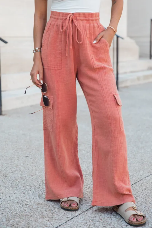 Here We Go Again Rust Acid Wash Gauze Cargo Pants sold by Pink Lily