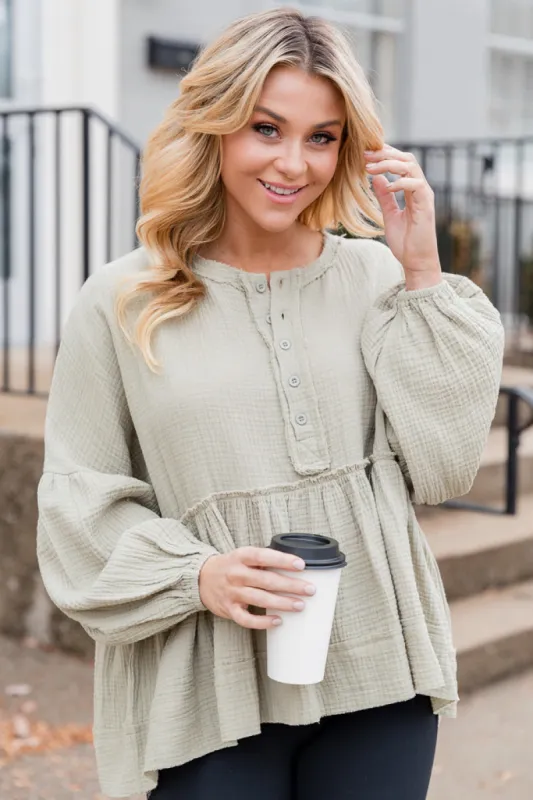 Escaping Reality Olive Oversized Henley Blouse FINAL SALE sold by Pink Lily
