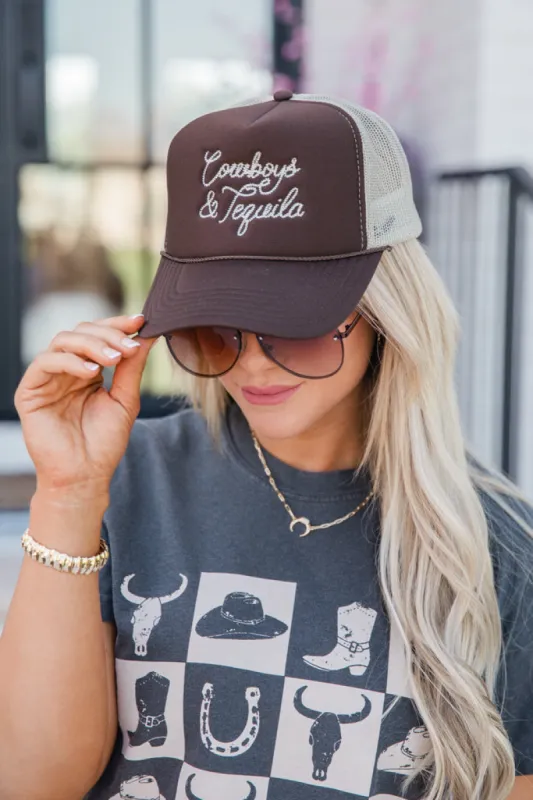 Cowboys and Tequila Brown and Khaki Trucker Hat sold by Pink Lily