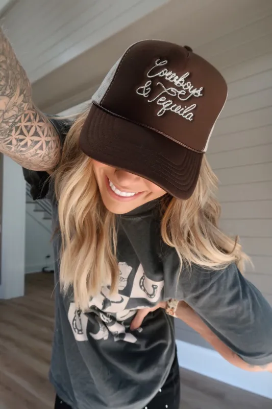 Cowboys and Tequila Brown and Khaki Trucker Hat Holley Gabrielle X Pink Lily sold by Pink Lily