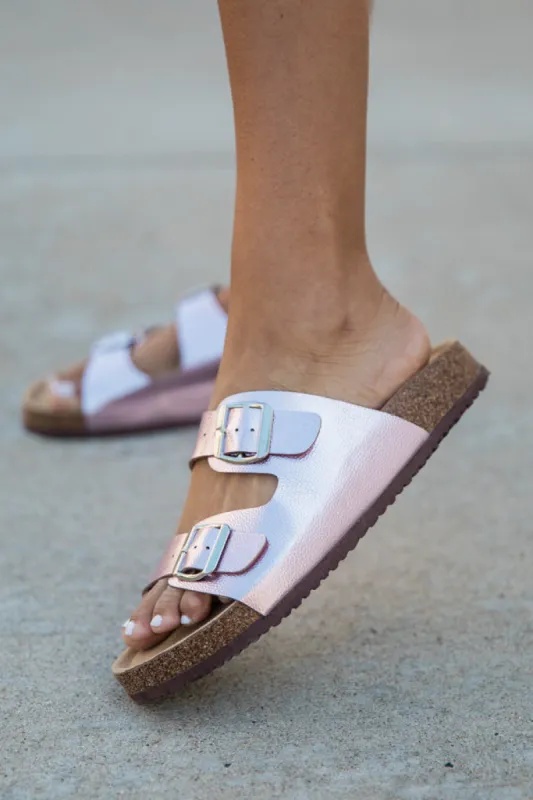 Andrea Pink Metallic Double Strap Sandal sold by Pink Lily