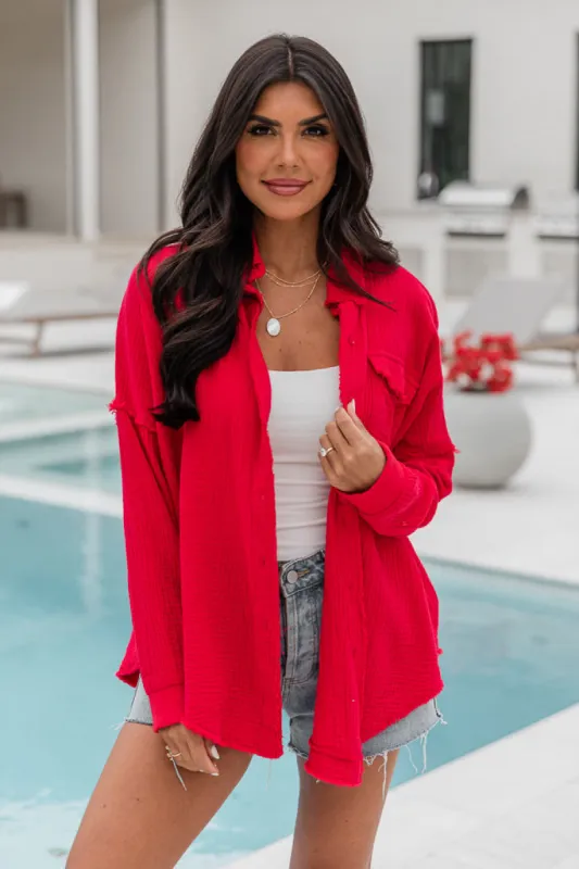 Let Me Adore You Red Button Front Gauze Blouse sold by Pink Lily