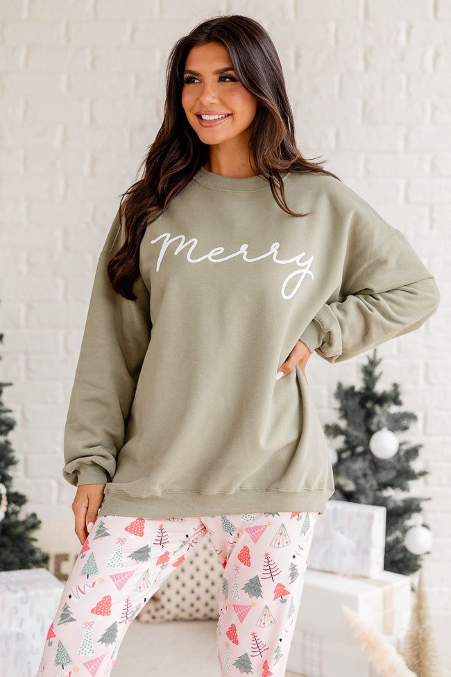 Merry Script Olive Oversized Graphic Sweatshirt DOORBUSTER sold by Pink Lily product image thumbnail 5