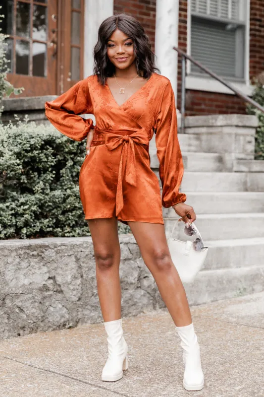 Dreams Are Made Rust Satin Long Sleeve Romper FINAL SALE sold by Pink Lily