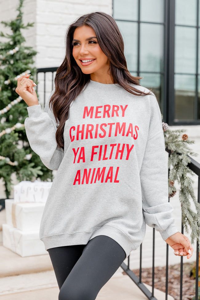 Merry Christmas Ya Filthy Animal Grey Oversized Graphic Sweatshirt sold by Pink Lily product image thumbnail 4