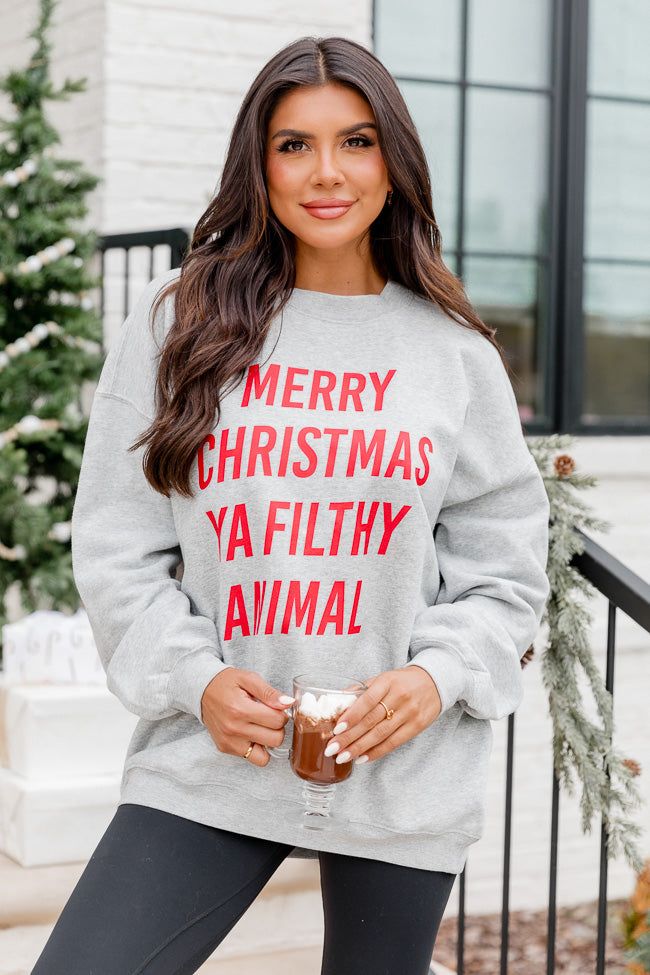 Merry Christmas Ya Filthy Animal Grey Oversized Graphic Sweatshirt sold by Pink Lily product image thumbnail 2