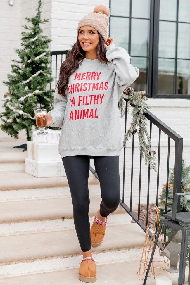 Merry Christmas Ya Filthy Animal Grey Oversized Graphic Sweatshirt sold by Pink Lily