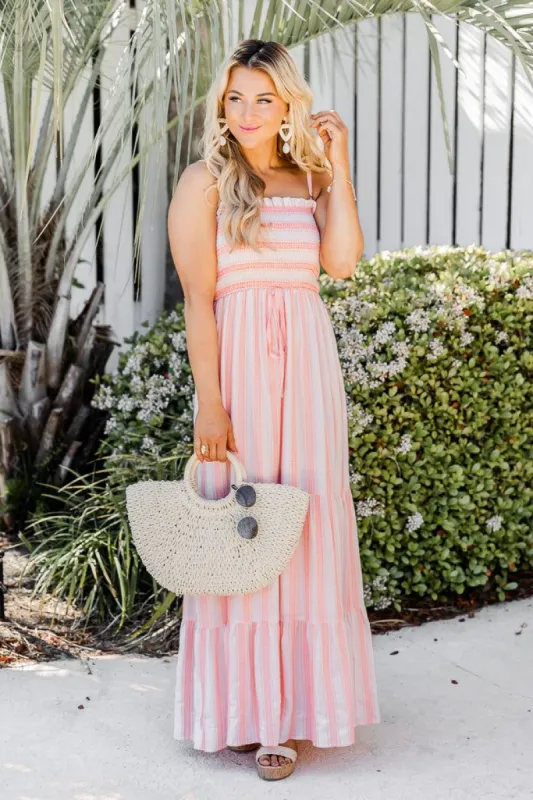 Chasing You Pink Stripe Smocked Maxi Dress sold by Pink Lily