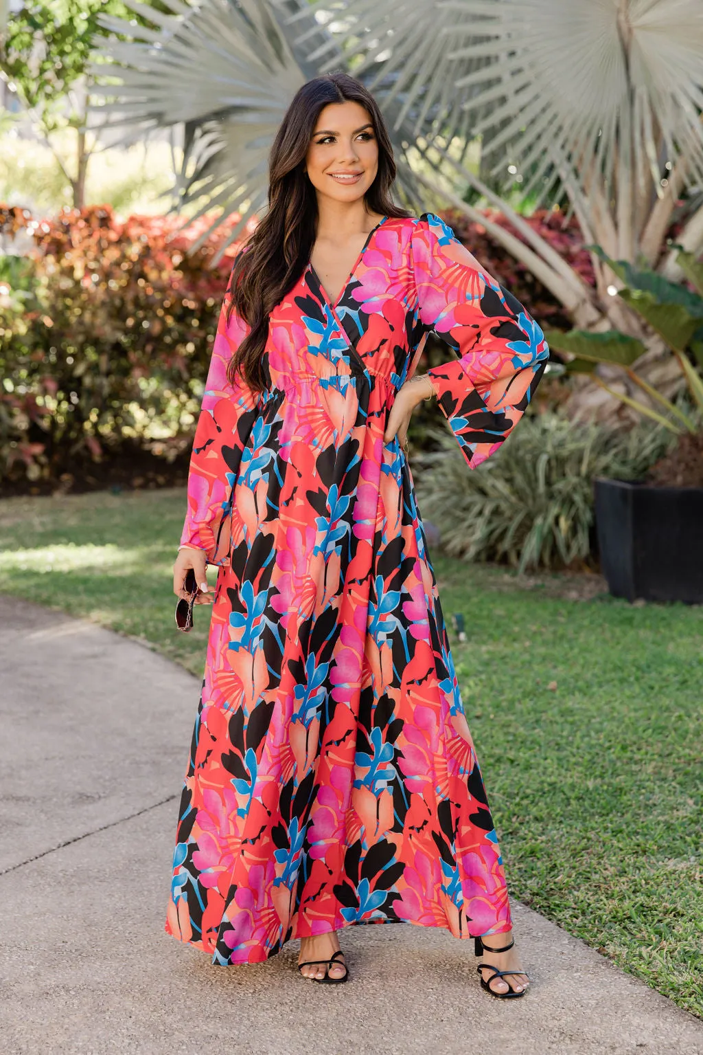 Dance The Night Away Long Sleeve Tropical Black Maxi Dress FINAL SALE sold by Pink Lily