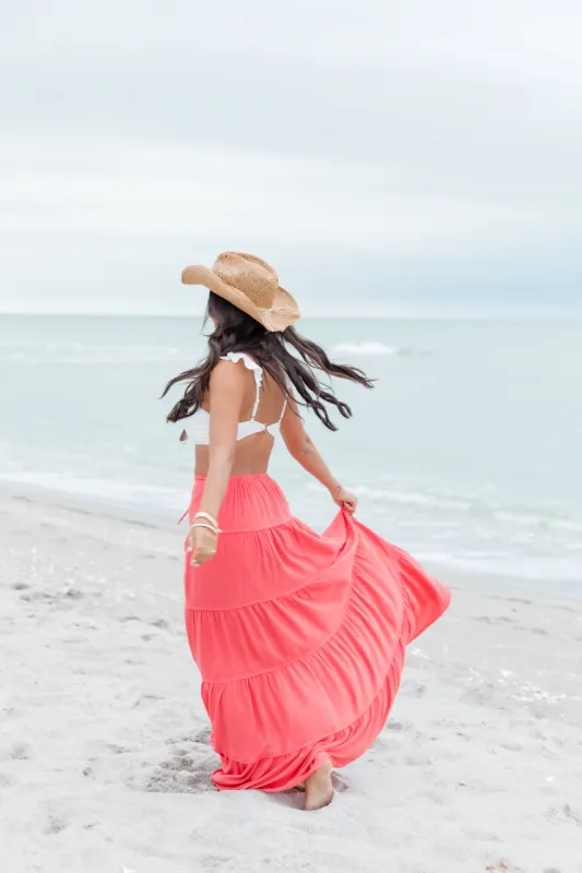 Summer Dream Coral Tiered Maxi Skirt sold by Pink Lily