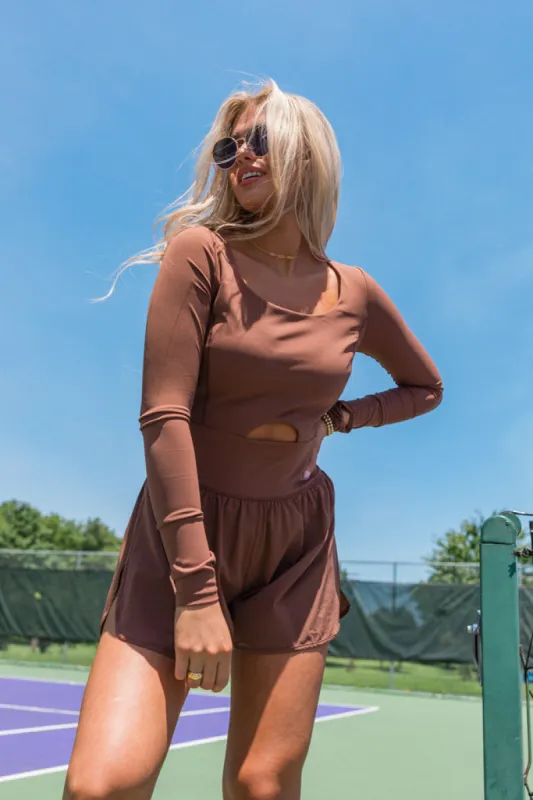 You're Thriving Brown Active Long Sleeve Keyhole Romper sold by Pink Lily