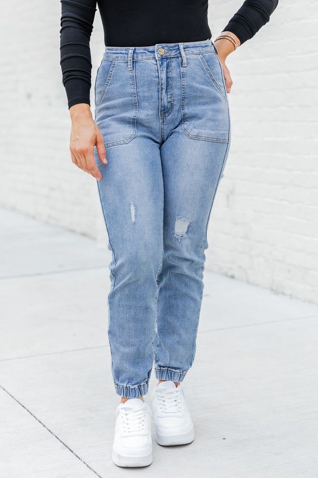 Let's Have Fun Medium Wash Denim Joggers FINAL SALE sold by Pink Lily