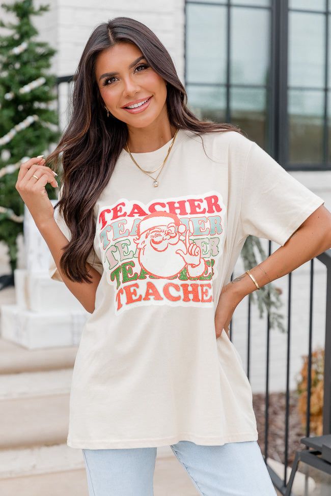 Teacher Repeat Santa Ivory Oversized Graphic Tee sold by Pink Lily product image thumbnail 5