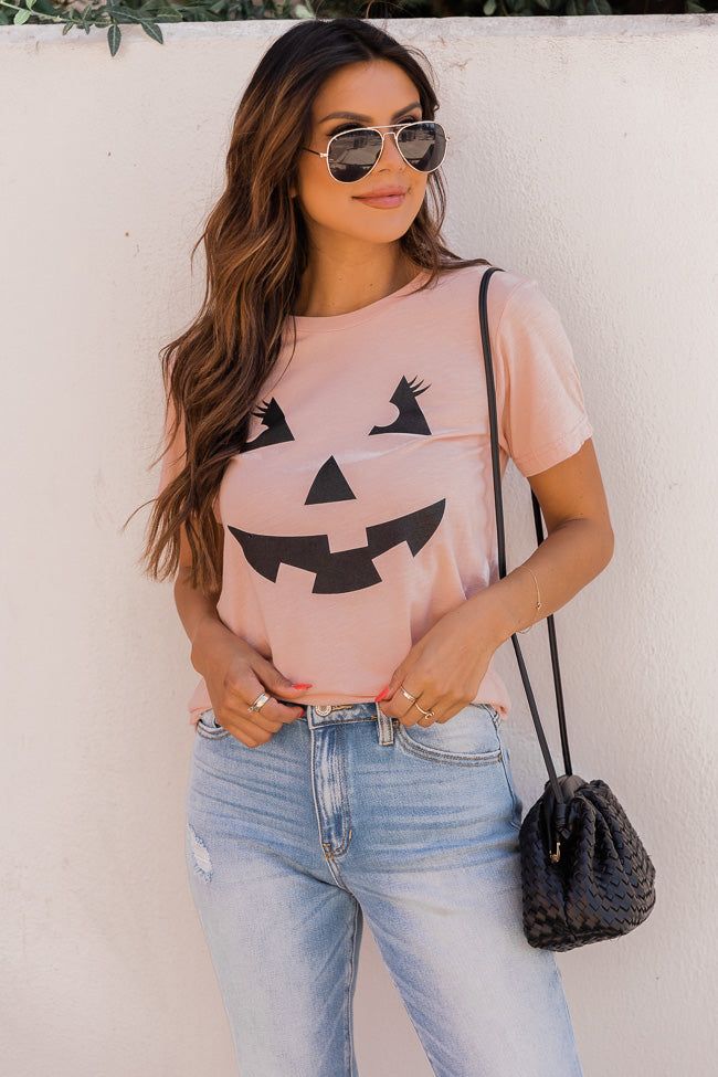 Jack O Lantern Lady Graphic Peach Tee sold by Pink Lily