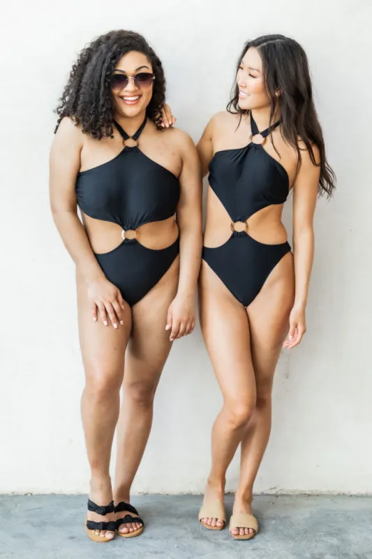 Beach Bliss Black Halter Ring Link One Piece Swimsuit FINAL SALE sold by Pink Lily