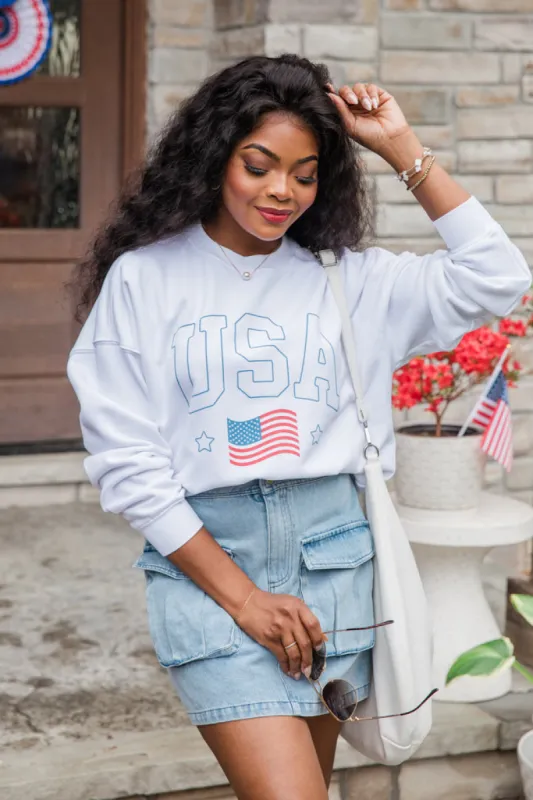 USA Flag White Oversized Graphic Sweatshirt sold by Pink Lily