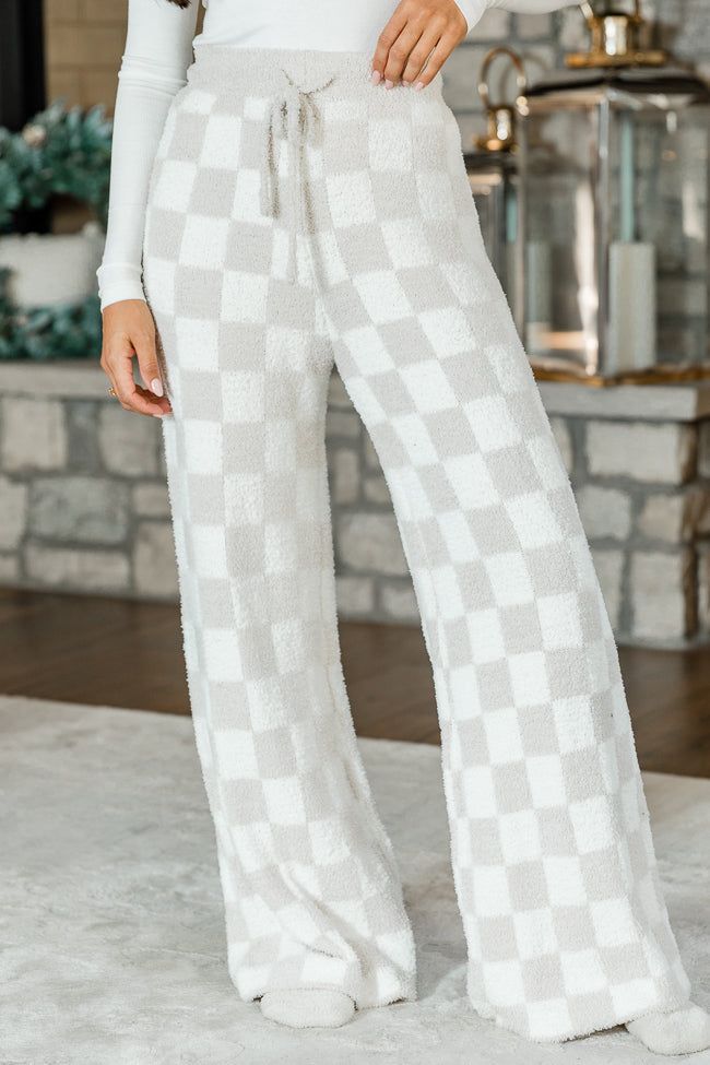 Movies And Chill Fuzzy Taupe And Ivory Checkered Lounge Pants FINAL SALE sold by Pink Lily