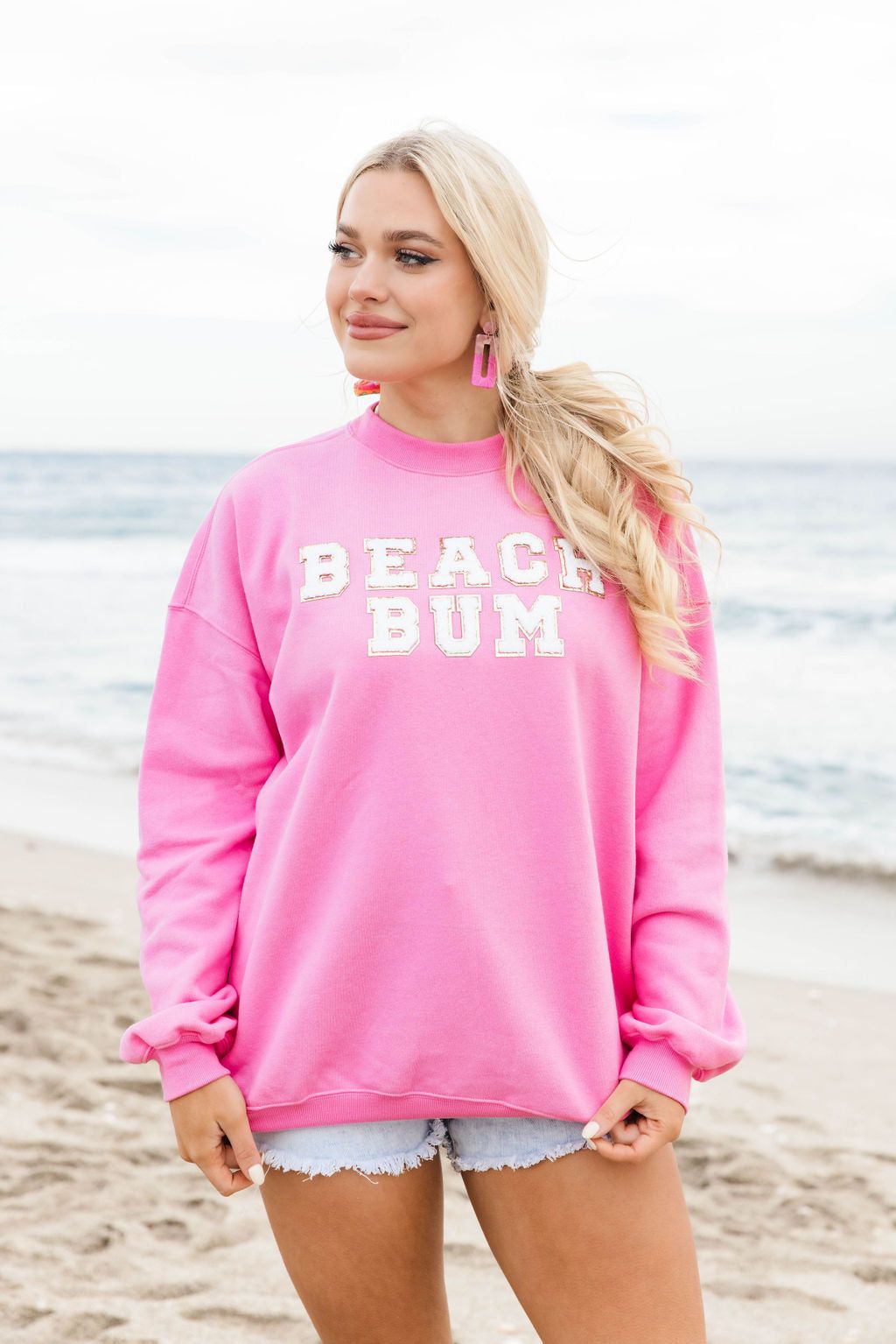 Beach Bum Chenille Patch Pink Oversized Graphic Sweatshirt sold by Pink Lily product image thumbnail 5