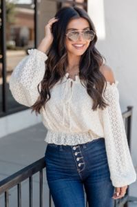 Now's Your Time Cream Lace Off The Shoulder Blouse sold by Pink Lily