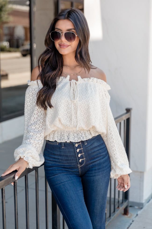 Now's Your Time Cream Lace Off The Shoulder Blouse sold by Pink Lily