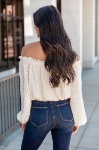 Now's Your Time Cream Lace Off The Shoulder Blouse sold by Pink Lily