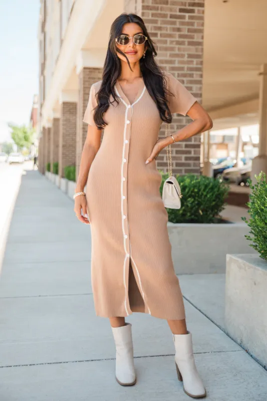 Let's Not Forget Tan Button Up Knit Sweater Dress made by Pink Lily