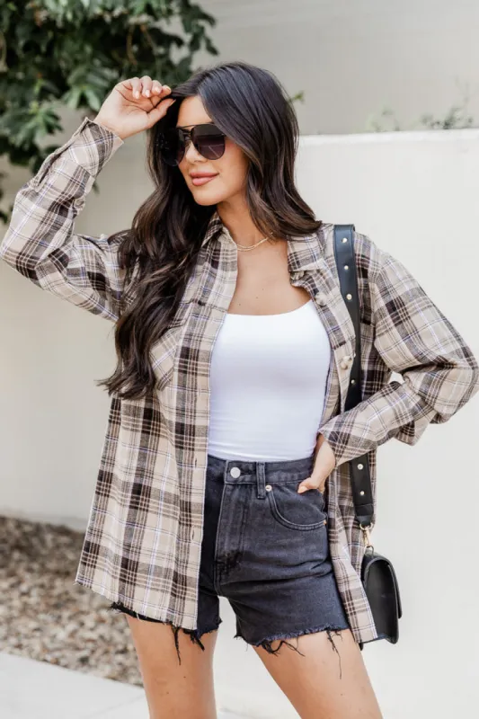 State Of Mind Ivory And Tan Plaid Button Up Blouse FINAL SALE sold by Pink Lily