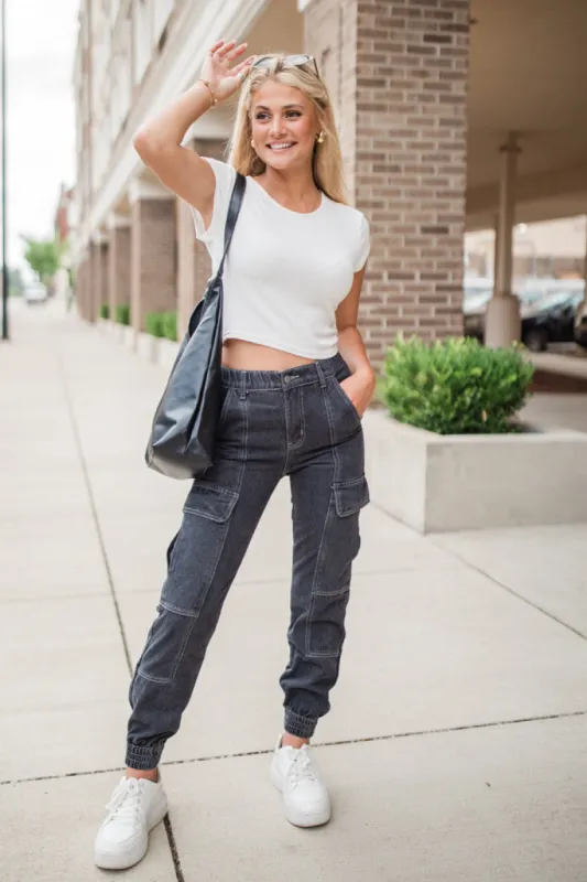 Isn't It Fun Washed Black Cargo Style Jeans FINAL SALE sold by Pink Lily