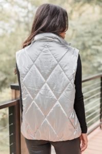 Mountainside Moment Silver Metallic Quilted Puffer Vest sold by Pink Lily
