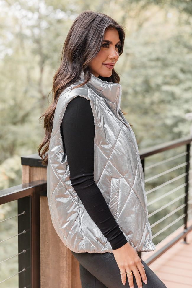 Mountainside Moment Silver Metallic Quilted Puffer Vest sold by Pink Lily product image thumbnail 4
