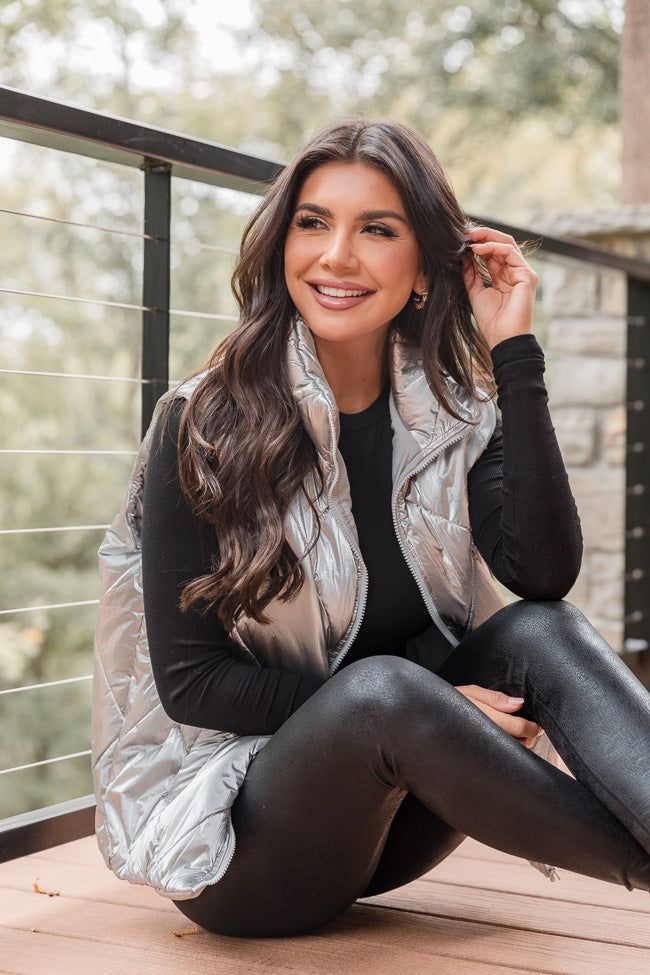 Mountainside Moment Silver Metallic Quilted Puffer Vest sold by Pink Lily product image thumbnail 3