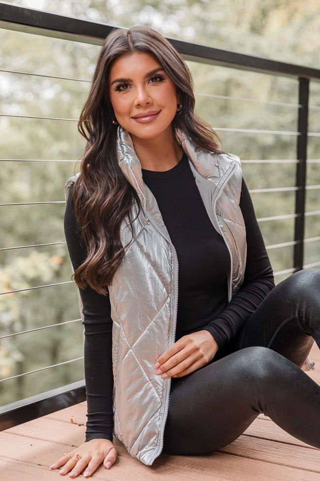 Mountainside Moment Silver Metallic Quilted Puffer Vest sold by Pink Lily