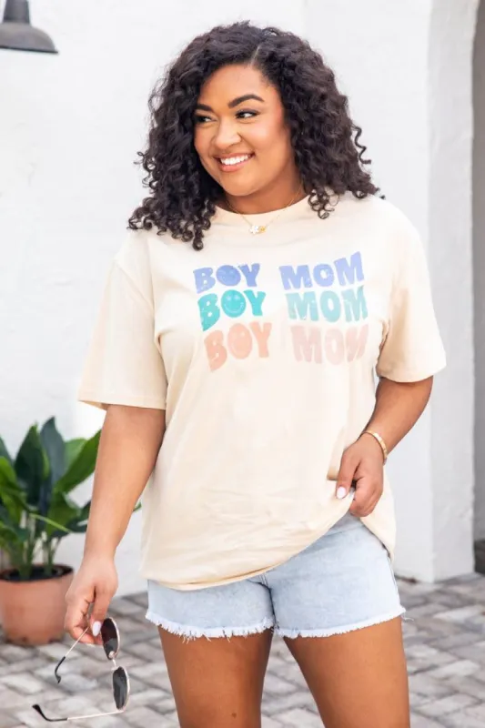Boy Mom Repeat Smiley Ivory Oversized Graphic Tee sold by Pink Lily