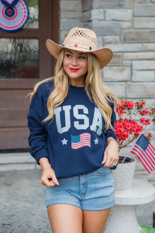 USA Flag Navy Oversized Graphic Sweatshirt sold by Pink Lily