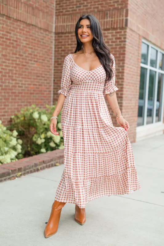 Thankful For You Rust Gingham Puff Sleeve Midi Dress FINAL SALE sold by Pink Lily