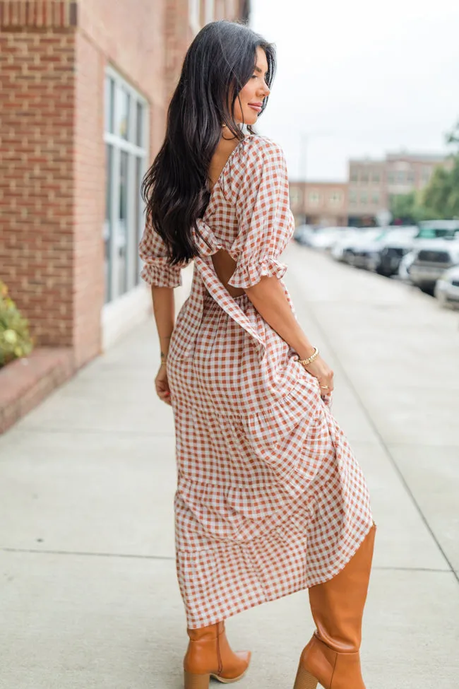 Thankful For You Rust Gingham Puff Sleeve Midi Dress FINAL SALE sold by Pink Lily product image thumbnail 3