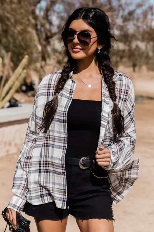 Check Yes Or No Beige and Black Plaid Button Front Blouse FINAL SALE sold by Pink Lily