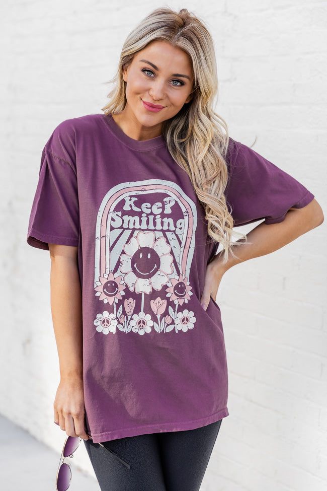 Keep Smiling Purple Comfort Color Graphic Tee sold by Pink Lily