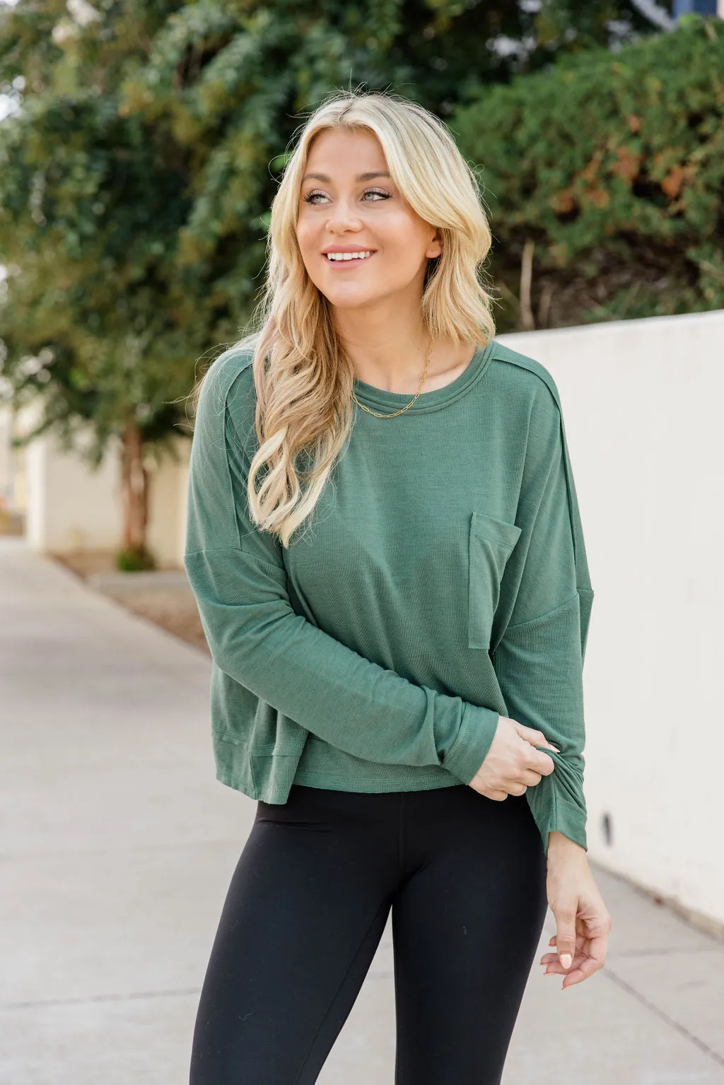 Watch Out Olive Pocket Long Sleeve Top FINAL SALE sold by Pink Lily