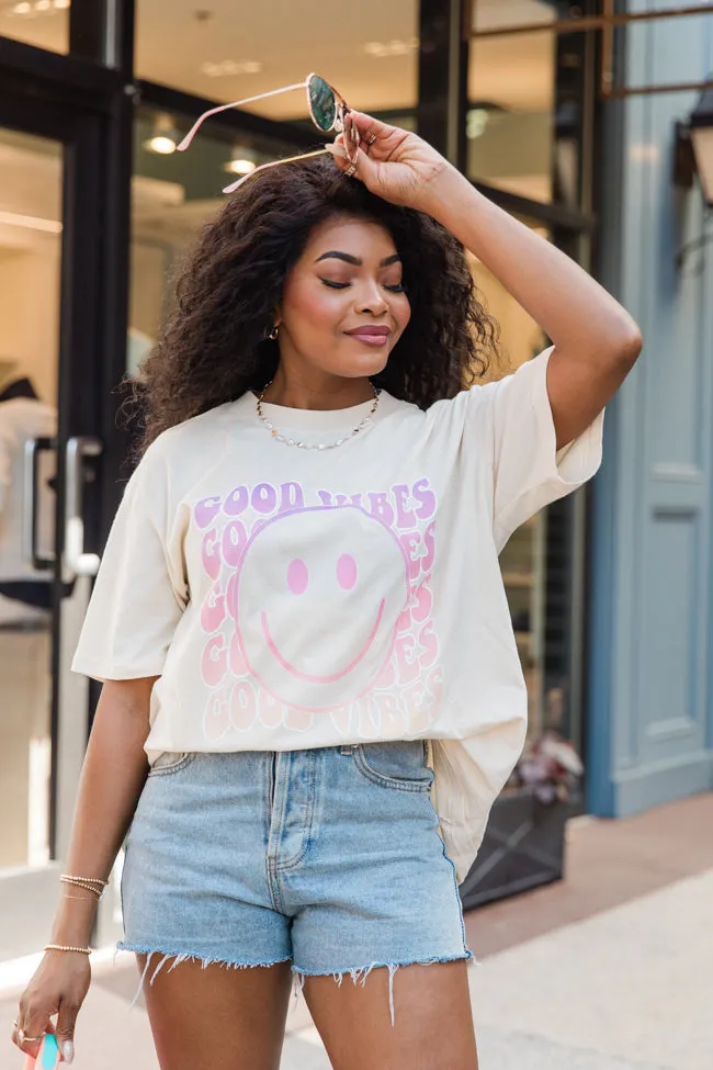 Good Vibes Ivory Oversized Graphic Tee sold by Pink Lily