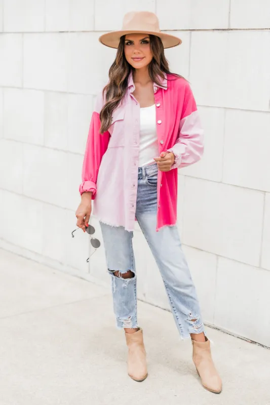 It's All You Pink Corduroy Colorblock Shacket sold by Pink Lily