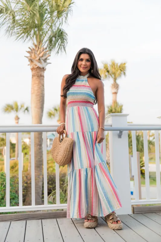 Evening Breeze Multi Striped Halter Maxi Dress FINAL SALE sold by Pink Lily