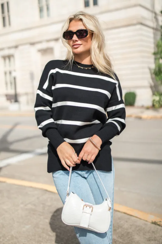 Crushing On You Black And Ivory Striped Crew Neck Sweater FINAL SALE sold by Pink Lily